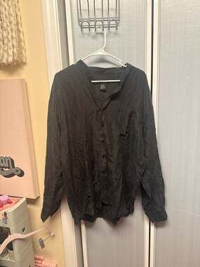 Volare Black 100% Silk Band Collar Long Sleeve Button Down Shirt Size L